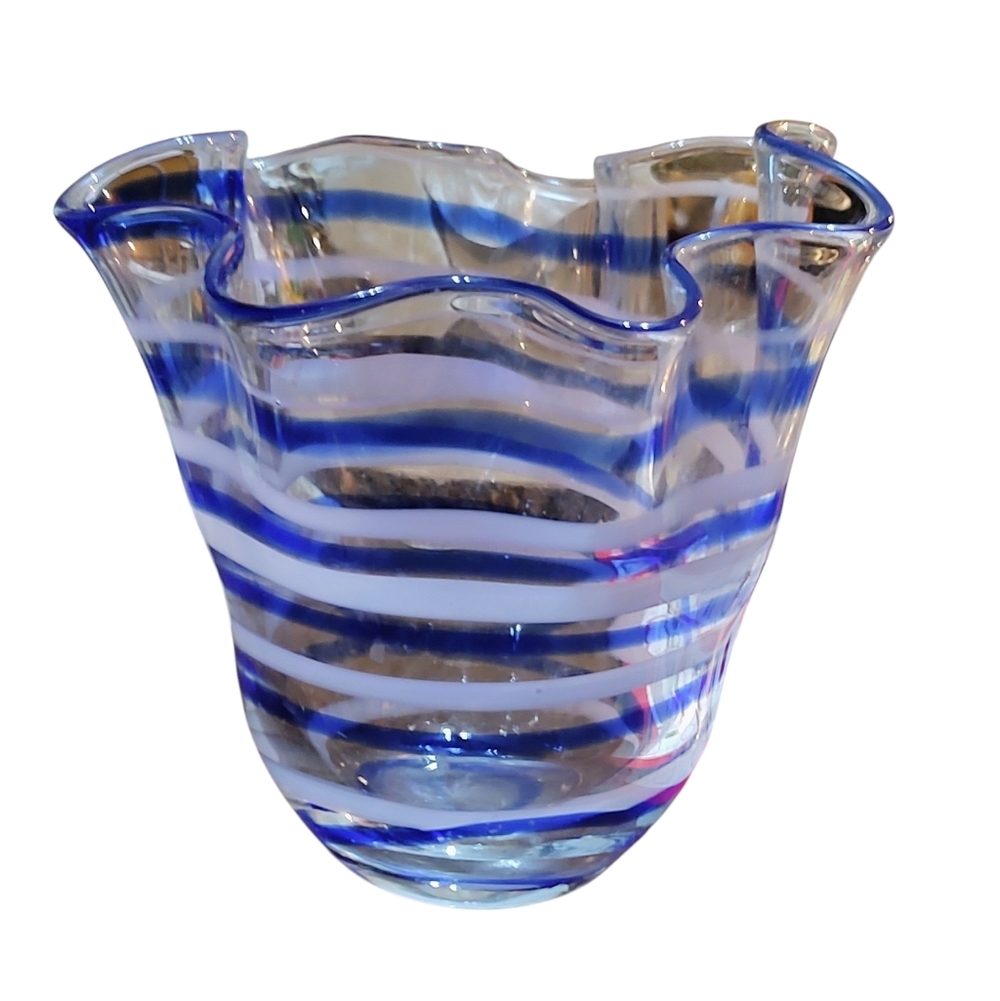 Blue and White Striped Glass Vase